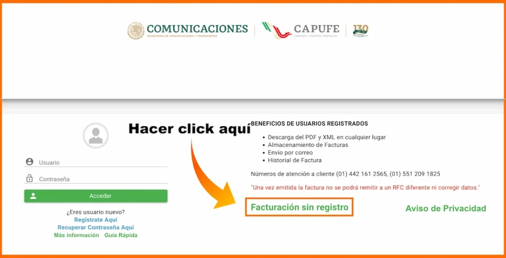 realizar la facturación de CAPUFE sin registro