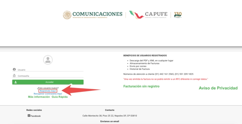 Registro de Usuario para facturar Capufe